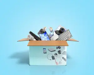 Electronics products in a box on a blue background