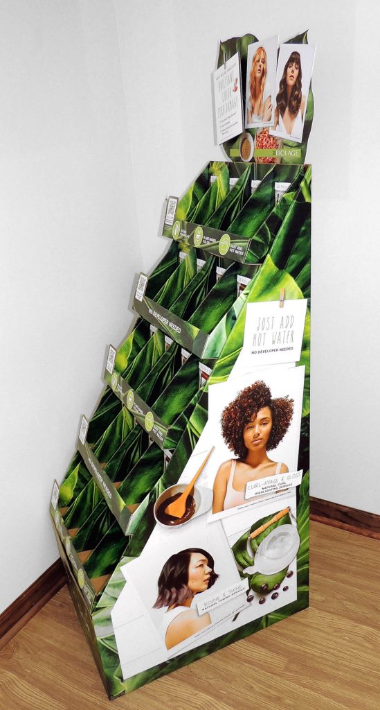 biolage display packaging in a corner showing the side