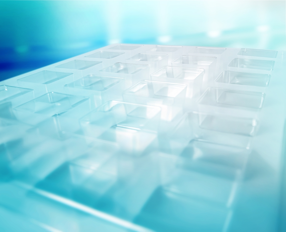 Rows of square transparent thermoformed packaging